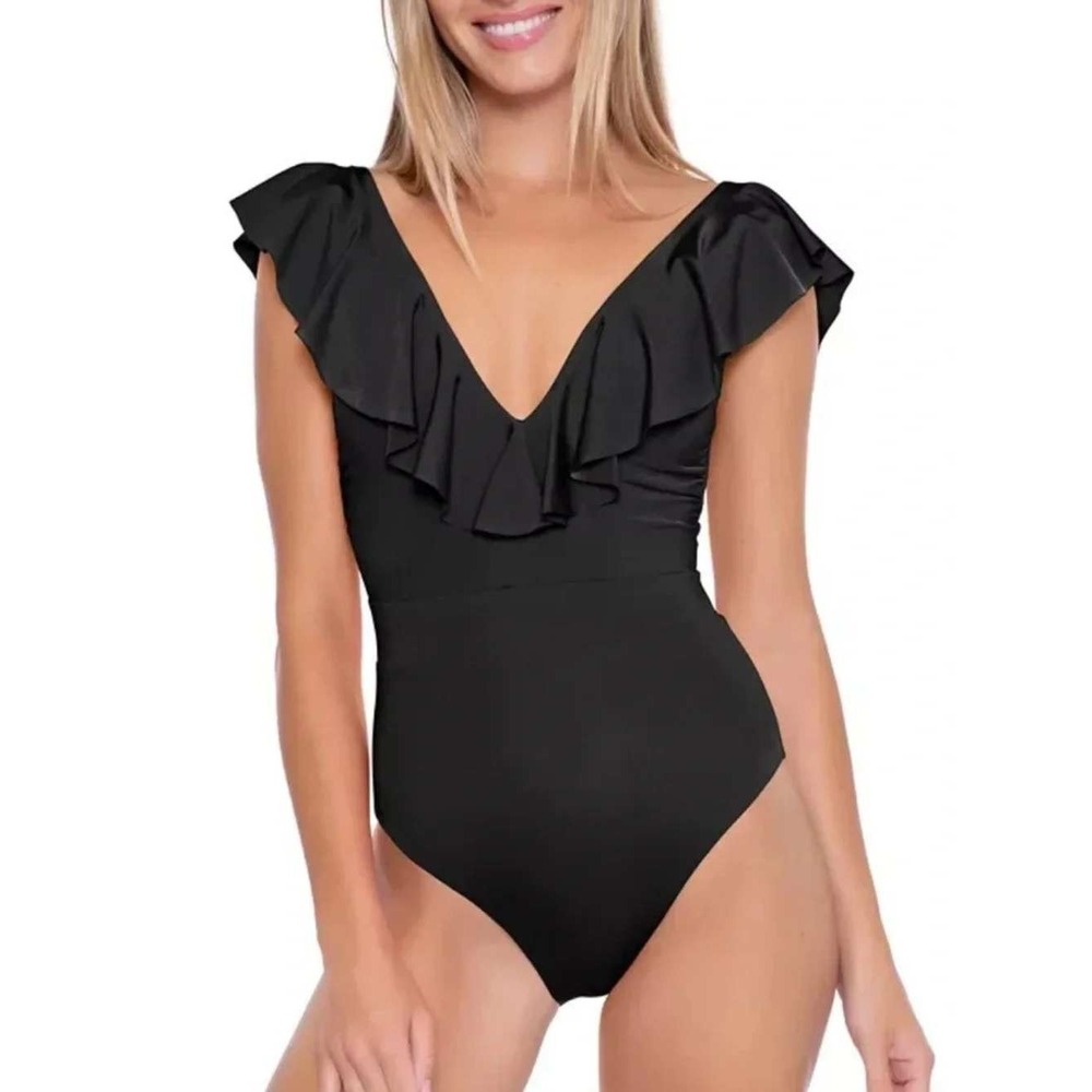 TRINA TURK Atlas Ruffle Plunge Black One-Piece Swimsuit  Full Coverage Womens‎ 8